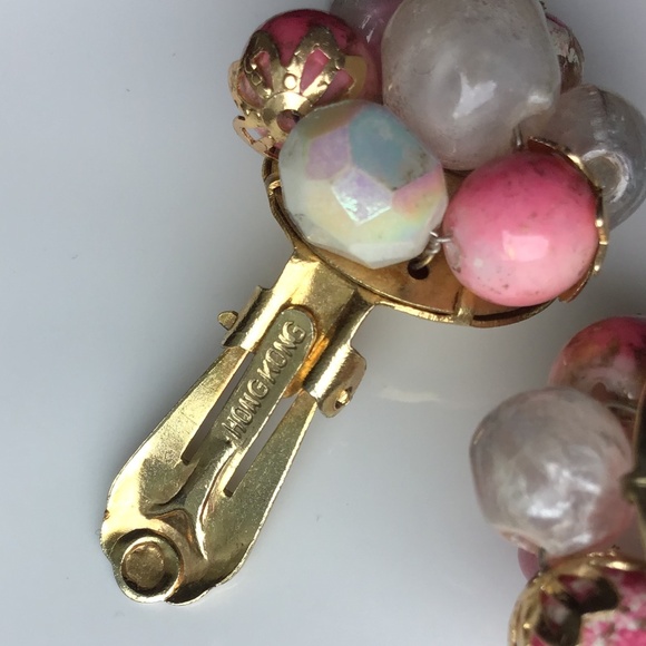 Vintage Mixed Bead Button Clip Earrings Pearl Pink Pastel with Gold Accents - Picture 7 of 12